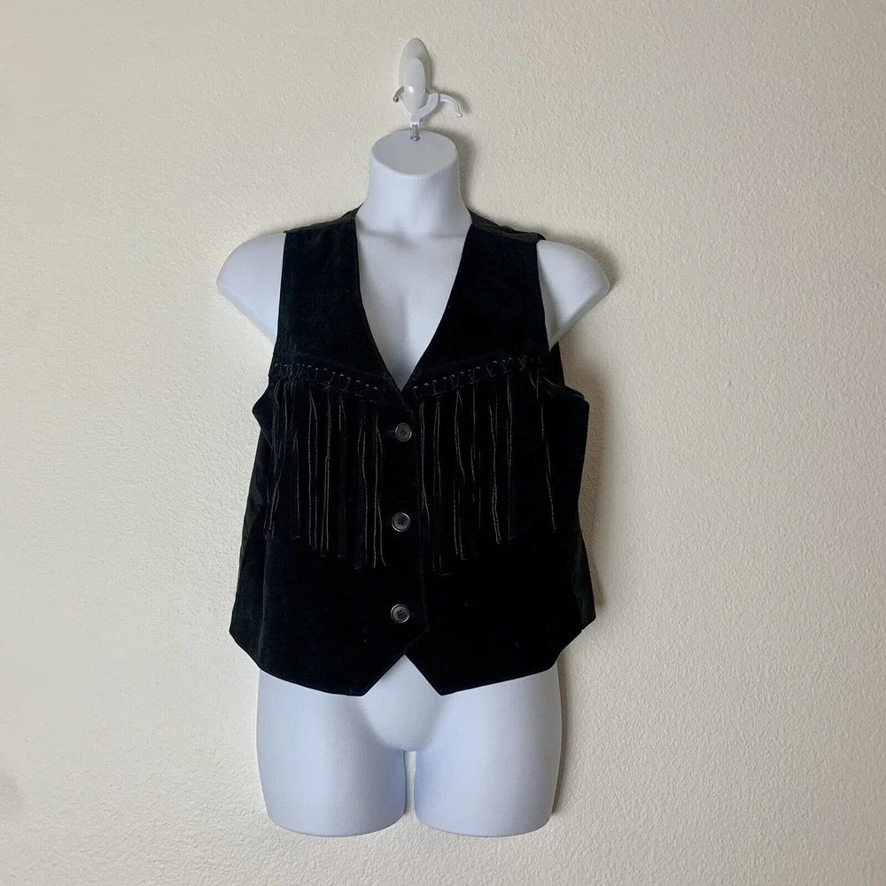 SANTA FE Womens Leather Suede Vest L Fringe Bohemian Black Button Up Sleeveless - Picture 1 of 9